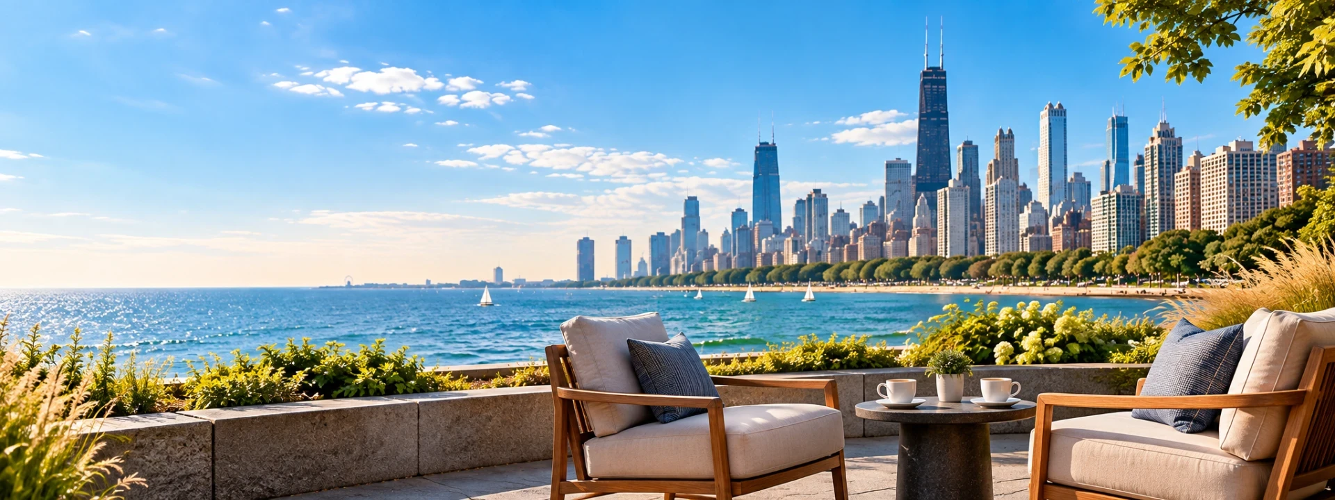 Two chairs and two cups of coffee overlooking Lake Michigan and the Chicago skyline
